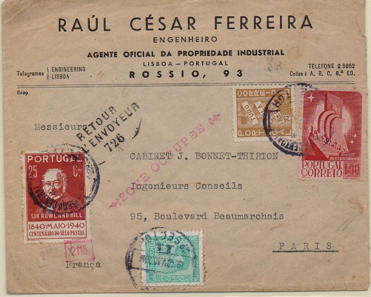 0723.jpg -     Lote:    723                   Descrição:         1939/45 &mdash; 2.ª Guerra Mundial. Sobrescrito circulado de Lisboa (19.11.40) para Paris, com selos CE568, 571, 597 e 600. Por ter sido remetida para zona ocupada pelas forças alemãs, foi devolvido ao remetente. Carimbos batidos a vermelho "ZONE OCCUPÉE" e a preto "RETOUR L'ENVOYEUR / 726".        Carta       Valor Base:     &euro; 15,00     Valor Venda:     &euro;      