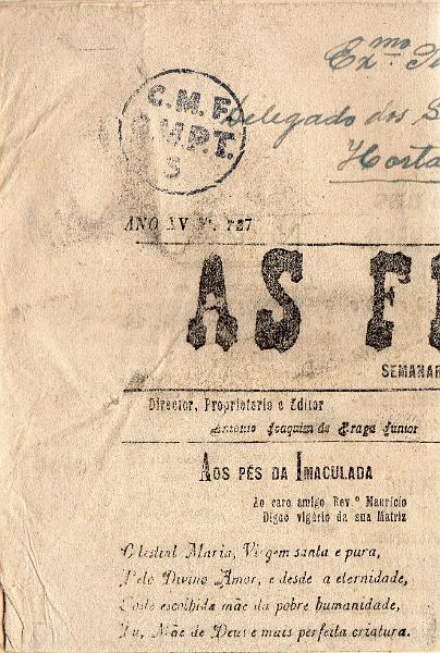 0725.jpg -     Lote:    725                   Descrição:         1939/45 &mdash; II Guerra Mundial. Censuras. Jornal "As Flores" circulado de Santa Cruz das Flores para a Horta. Censurado com carimbo circular batido a preto "C.M.F / C.M.P.T. / 5".        JRN       Valor Base:     &euro; 12,00     Valor Venda:     &euro;      