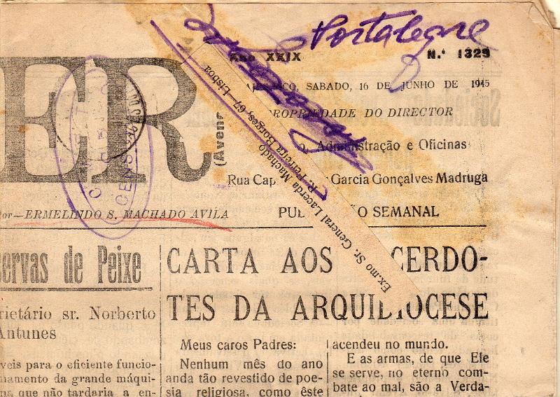0726.jpg -     Lote:    726                   Descrição:         1939/45 &mdash; II Guerra Mundial. Censuras. Jornal "O DEVER" circulado da Horta para Lisboa e reexpedido para Portalegre, censurado. Carimbo de censura batido a violeta "C.M.P.T / C. 5 / CENSURADO".        JRN       Valor Base:     &euro; 15,00     Valor Venda:     &euro;      