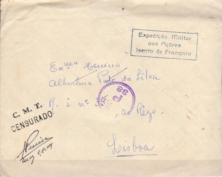 0729.jpg -     Lote:    729                   Descrição:         1939/45 &mdash; 2.ª Guerra Mundial. Isentos de franquia e censuras. Sobrescrito circulado isento de franquia da Terceira para Lisboa (28.03.45). Carimbo de isenção batido a azul + carimbo de censura batido a preto "C. M. T. / CENSURADO".        Carta       Valor Base:     &euro; 10,00     Valor Venda:     &euro;      