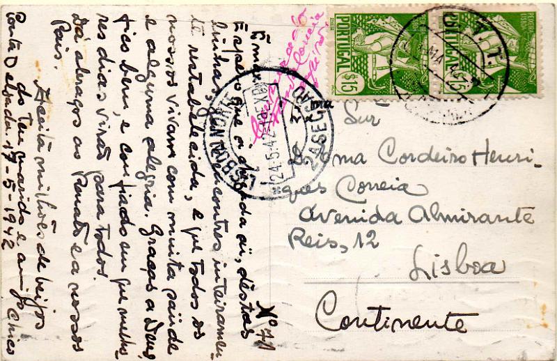 0731.jpg -     Lote:    731                   Descrição:         1939/45 &mdash; 2.ª Guerra Mundial. Censuras. Postal ilustrado circulado de Ponta Delgada (17.05.42) para Lisboa (24.05.42) com par de selos de $15 CE610, com censura manuscrita a vermelho "CENSURADO / FASUTO CORREIA / CAP.TÃO.        PI       Valor Base:     &euro; 6,00     Valor Venda:     &euro;      