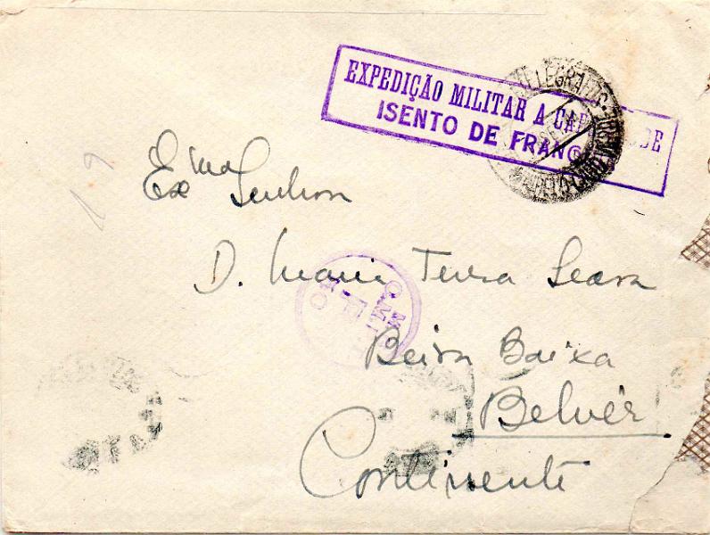0734.jpg -     Lote:    734                   Descrição:         1939/45 - 2.ª Guerra Mundial. Expedição Militar a Cabo Verde. Sobrescrito circulado de S. Vicente para Lisboa (03.10.44), isento de franquia. Carimbo de isenção batido a violeta "EXPEDIÇÃO MILITAR A CABO VERDE / ISENTO DE FRANQUIA".        Carta       Valor Base:     &euro; 20,00     Valor Venda:     &euro;      