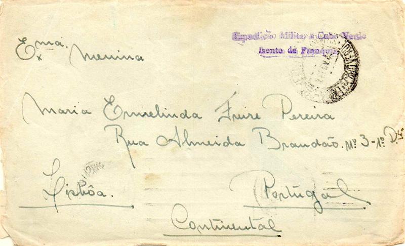 0736.jpg -     Lote:    736                   Descrição:         1939/45 &mdash; 2.ª Guerra Mundial. Expedição Militar a Cabo Verde. Sobrescrito circulado isento de franquia de S. Vicente (28.02.44) para Lisboa (11.03.44). Carimbo batido a violeta "EXPEDIÇÃO MILITAR A CABO VERDE / ISENTO DE FRANQUIA) + carimbo no verso a violeta "COMANDO DE ACOMPANHAMENTO REGIMENTAL / DO R.I.23 / EXPEDICIONÁRIA". MB e R.        Carta       Valor Base:     &euro; 20,00     Valor Venda:     &euro;      