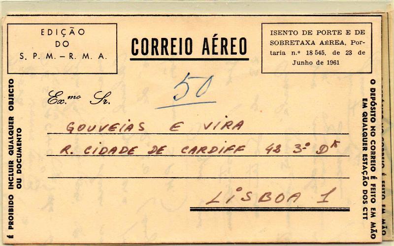0741.jpg -     Lote:    741                   Descrição:         1961/74 &mdash; Guerra Colonial. Aerogramas (2), Edição do M. N. Feminino, OM 30 e "Correio Aéreo", Edição do "S. P. M. &mdash; R. M. A. " (Região Militar de Angola), não catalogado Usados em 1968.        ARG       Valor Base:     &euro; 10,00     Valor Venda:     &euro;      