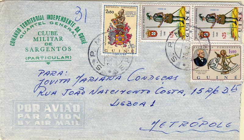 0744.jpg -     Lote:    744                   Descrição:         1961/75 &mdash; Guerra Colonial. Sobrescrito circulado da E.P.M 8 (26.02.70) para Lisboa com selos CE311 (2), 325 e 326, obliterados com carimbo batido a preto "S.P.M. / E.P.M.8". Sobrescrito timbrado do Comando Militar Independente da Guiné / Clube Militar de Sargentos.        Carta       Valor Base:     &euro; 16,00     Valor Venda:     &euro;      