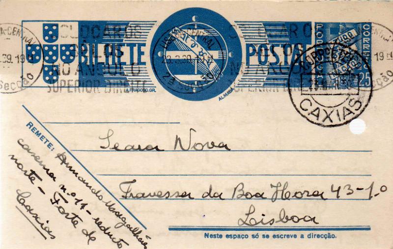 0751.jpg -     Lote:    751                   Descrição:         Censuras políticas. 1936/39 &mdash; Tudo pela Nação. OM83, 25c azul. Circulado de Caxias (23.03.39) para Lisboa. Censurado. Carimbo batido a violeta "POLÍCIA DE VIGILÂNCIA E SEGURANÇA DO ESTADO / REDUTO NORTE DE CAXIAS". Furos de arquivo        PI       Valor Base:     &euro; 20,00     Valor Venda:     &euro;      