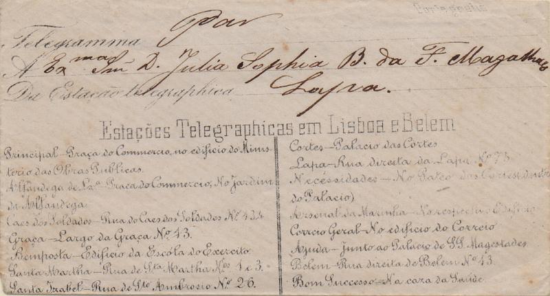 0752.jpg -     Lote:    752                   Descrição:         Isentos de franquia. Telegrafia Eléctrica. Sobrescrito de telegrama remetido para a Lapa, isento de franquia. Impressa no anverso a lista das estações telegráficas de Lisboa e Belém. MB e MR.        Carta       Valor Base:     &euro; 30,00     Valor Venda:     &euro;      