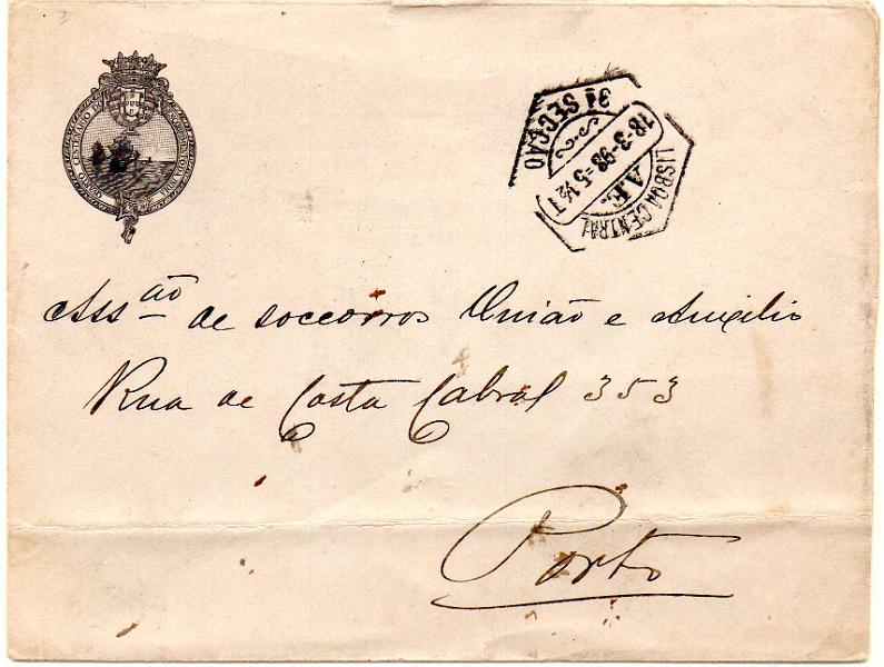 0753.jpg -     Lote:    753                   Descrição:         1898 &mdash; 4.º Centenário do Descobrimento do Caminho Marítimo para a Índia. Isentos de Franquia. Sobrescrito circulado de Lisboa (18.03.98) para o Porto, com vinheta do evento no verso. MB e MR.        Carta       Valor Base:     &euro; 25,00     Valor Venda:     &euro;      