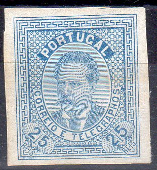 0757.jpg -     Lote:    757                   Descrição:         1870/76 &mdash; D. Luís I. Escola de Gravura. Impressão sem relevo. Desenho e gravura de Venâncio Pedro de Macedo Alves. Prova de 25 reis em azul claro, não denteada, em papel liso médio, tipo II. OM72.        PRV       Valor Base:     &euro; 12,00     Valor Venda:     &euro;      