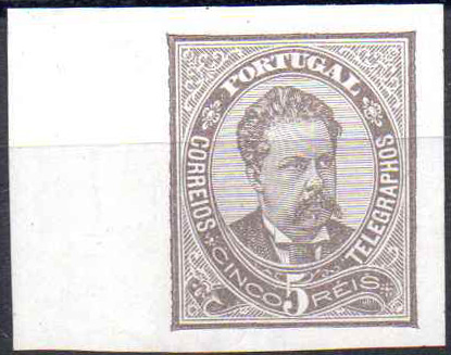 0758.jpg -     Lote:    758                   Descrição:         1882/83 &mdash; D. Luís I de frente. CE56, 5 reis. Prova em papel liso médio, de cor castanho-escuro, não denteada, bordo de folha.        PRV       Valor Base:     &euro; 15,00     Valor Venda:     &euro;      