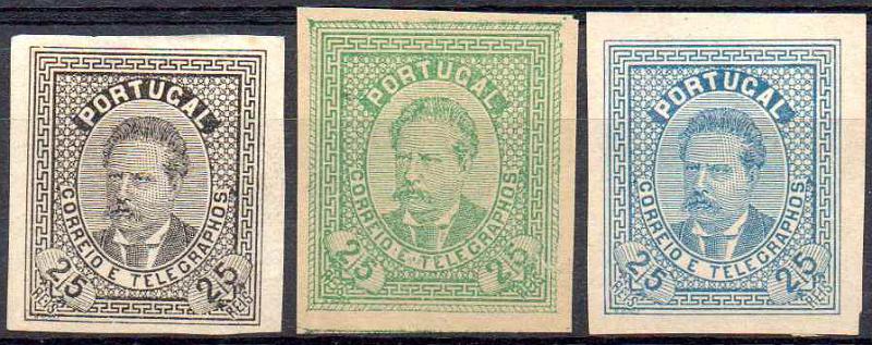 0759.jpg -     Lote:    759                   Descrição:         1879/81 &mdash; D. Luís I. Escola de Gravura. Tipo II. 25 reis. Lote de 3 provas em  azul, preto e verde sobre papel branco e amarelado, liso médio, não denteadas.         PRV       Valor Base:     &euro; 40,00     Valor Venda:     &euro;      