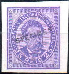 0761.jpg -     Lote:    761                   Descrição:         1884/87 &mdash; D. Luís, de frente. CE 63, 25 reis violeta. Prova não denteada em papel porcelana, com sobrecarga "SPECIMEN"        PRV       Valor Base:     &euro; 8,00     Valor Venda:     &euro;      