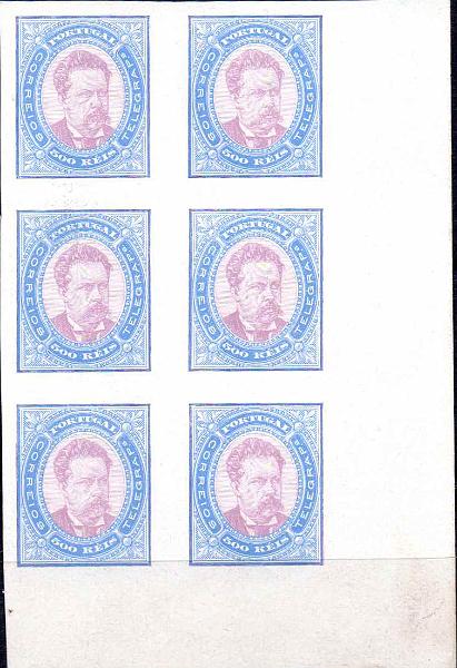 0762.jpg -     Lote:    762                   Descrição:         1881/87 &mdash; D. Luís I, de frente. Desenhos e gravura de Eugéne Muchon. Tipo IX. Bloco de seis provas de 500 reis, canto de folha, em papel porcelana, não denteada, nas cores castanho-vermelho e azul-claro. MB..        PRV       Valor Base:     &euro; 75,00     Valor Venda:     &euro;      