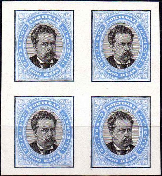 0764.jpg -     Lote:    764                   Descrição:         1881/87 &mdash; D. Luís I, de frente. Desenhos e gravura de Eugéne Muchon. Tipo IX. Quadra, de provas de 500 reis em papel porcelana, não denteada, nas cores preto e azul-claro. MB..        PRV       Valor Base:     &euro; 50,00     Valor Venda:     &euro;      