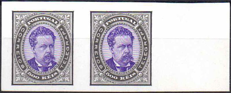 0766.jpg -     Lote:    766                   Descrição:         1881/87 &mdash; D. Luís I, de frente. Desenhos e gravura de Eugéne Muchon. Tipo IX. Par horizontal, bordo de folha, de provas de 500 reis em papel porcelana, não denteada, nas cores verde-oliva e violeta. MB..        PRV       Valor Base:     &euro; 30,00     Valor Venda:     &euro;      