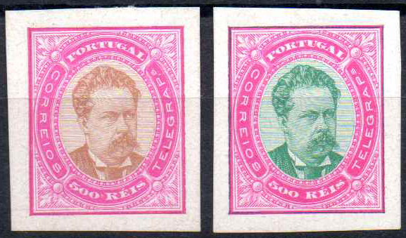 0767.jpg -     Lote:    767                   Descrição:         1881/87 &mdash; D. Luís I, de frente. Desenhos e gravura de Eugéne Muchon. Tipo IX. Duas provas de 500 reis em papel porcelana, não denteada, nas cores castanho e rosa e verde e rosa. MB..        PRV       Valor Base:     &euro; 30,00     Valor Venda:     &euro;      