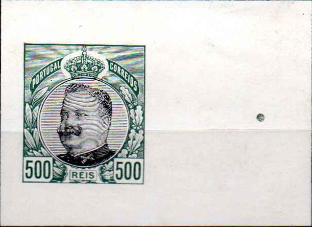 0769.jpg -     Lote:    769                   Descrição:         1907 &mdash; D. Carlos I, emissão projectada. Prova não denteada do selo de 500 reis, bordo de folha, papel porcelana, verde-oliva e preto. OM959. MB.        PRV       Valor Base:     &euro; 30,00     Valor Venda:     &euro;      
