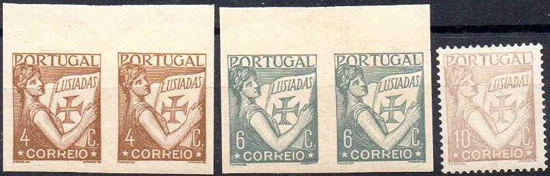 0787.jpg -     Lote:    787                   Descrição:         1931, Lusíadas. CE513 e 515, 4C e 6C. Lote com dois pares de provas não denteadas em castanho e verde respetivamente e 10C, CE 516, denteada em cinzento-lilás.          PRV       Valor Base:     &euro; 10,00     Valor Venda:     &euro;      