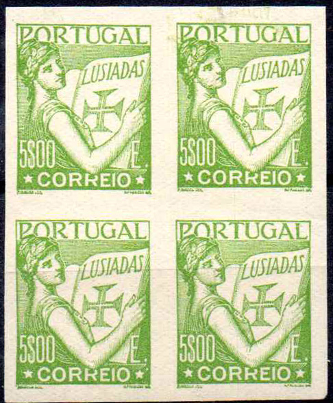 0793.jpg -     Lote:    793                   Descrição:         1931 &mdash; Lusíadas. CE530, 5$00. Quadra de provas não denteadas, na cor verde limão (cor aprovada), papel pontinhado, gomado.        PRV       Valor Base:     &euro; 10,00     Valor Venda:     &euro;      