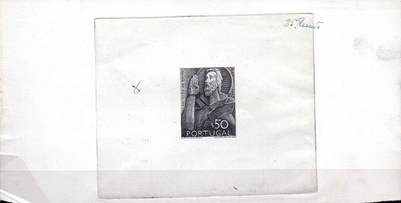 0816.jpg -     Lote:    816                   Descrição:         1947 &mdash; 3.º Centenário do Nascimento de S. João de Brito. CE692, $50. Prova de luxo a preto-cinzento, com assinatura do gravador. Não catalogada por OM.        PRV       Valor Base:     &euro; 20,00     Valor Venda:     &euro;      