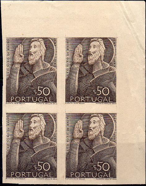 0822.jpg -     Lote:    822                   Descrição:         1948 &mdash; 3.º Centenário do Nascimento de S. João de Deus. CE692, $50. Quadra de provas de cor, canto de folha, em castanho (cor aprovada), não denteadas, em papel liso amarelado, impressa a talhe doce. MB e MR.        PRV       Valor Base:     &euro; 20,00     Valor Venda:     &euro;      