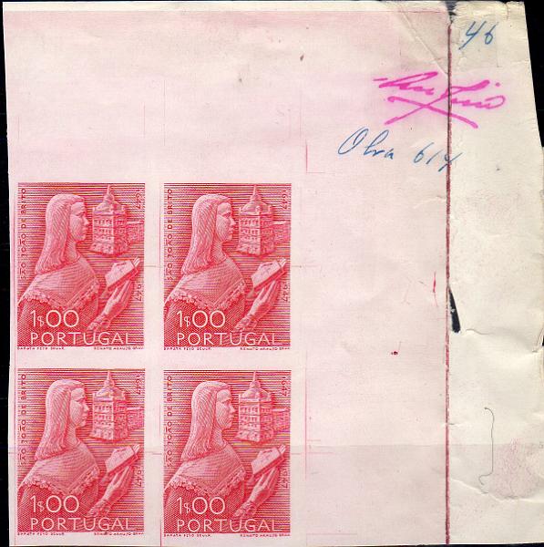 0823.jpg -     Lote:    823                   Descrição:         1948 &mdash; 3.º Centenário do Nascimento de S. João de Deus. CE693, 1$00. Quadra de provas de artista, canto de folha, em vermelho, não denteadas, em papel porcelana, impressa a talhe doce, com inscrição marginal "Obra 614" e "46" + assinatura do gravador Renato Araújo. MB e MR.        PRV       Valor Base:     &euro; 25,00     Valor Venda:     &euro;      
