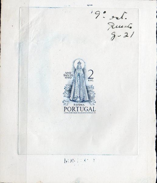 0825.jpg -     Lote:    825                   Descrição:         1950 &mdash; Ano Santo. CE721, 2$00. Prova de artista progressiva em azul, com inscrição marginal "9.º Estudo 7 G-21", com assinatura do gravador Renato Araújo.        PRV       Valor Base:     &euro; 20,00     Valor Venda:     &euro;      