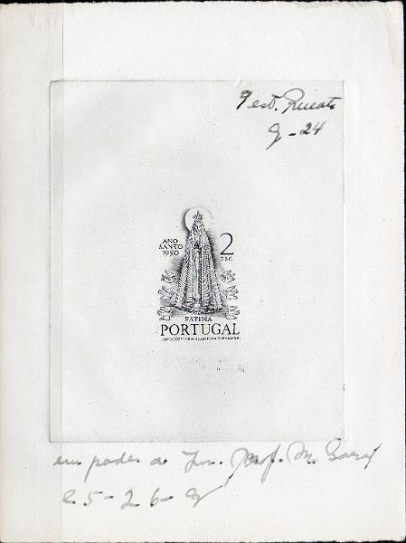 0827.jpg -     Lote:    827                   Descrição:         1950 &mdash; Ano Santo. CE721, 2$00. Prova de artista progressiva em preto, com inscrição marginal "9.º Estudo 7 G-24", com assinatura do gravador Renato Araújo.        PRV       Valor Base:     &euro; 20,00     Valor Venda:     &euro;      