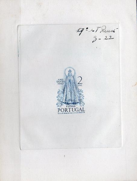 0828.jpg -     Lote:    828                   Descrição:         1950 &mdash; Ano Santo. CE721, 2$00. Prova de artista progressiva em azul, com inscrição marginal "9.º Estudo 7 G-22", com assinatura do gravador Renato Araújo.        PRV       Valor Base:     &euro; 20,00     Valor Venda:     &euro;      