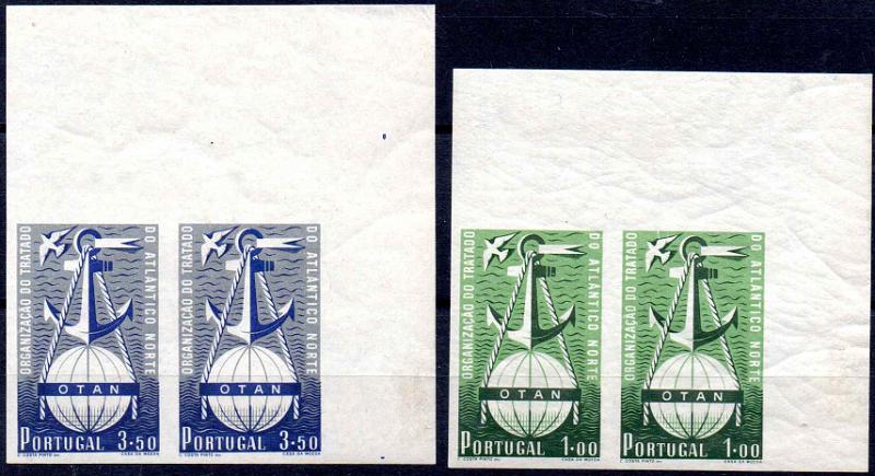 0834.jpg -     Lote:    834                   Descrição:         1952 &mdash; 3.º Aniversário da OTAN. CE 749/50. Série em pares de provas, canto de folha, não denteadas, gomadas.        PRV       Valor Base:     &euro; 75,00     Valor Venda:     &euro;      