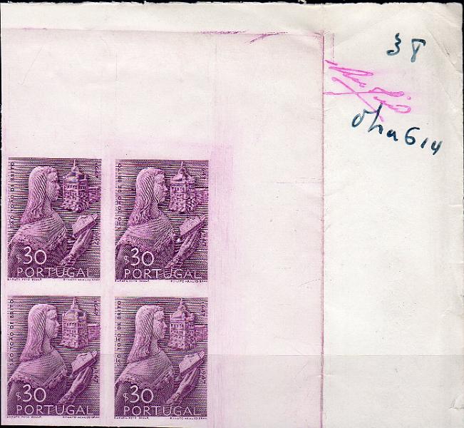 0837.jpg -     Lote:    837                   Descrição:         1948 &mdash; 3.º Centenário do Nascimento de S. João de Deus. CE691, $30. Quadra de provas de artista, canto de folha, em cinzento, não denteadas, em papel porcelana, impressa a talhe doce, com inscrição marginal "Obra 614" e "38" + assinatura do gravador Renato Araújo. MB e MR.        PRV       Valor Base:     &euro; 25,00     Valor Venda:     &euro;      