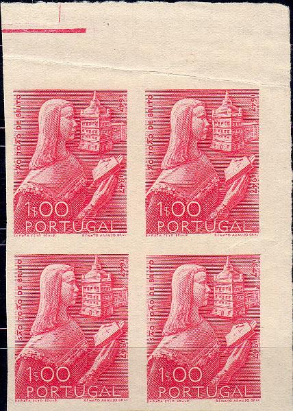 0839.jpg -     Lote:    839                   Descrição:         1948 &mdash; 3.º Centenário do Nascimento de S. João de Deus. CE693, 1$00. Quadra de provas de cor, canto de folha, em vermelho claro (cor aprovada), não denteadas, em papel liso amarelado, impressa a talhe doce. MB e MR.        PRV       Valor Base:     &euro; 20,00     Valor Venda:     &euro;      
