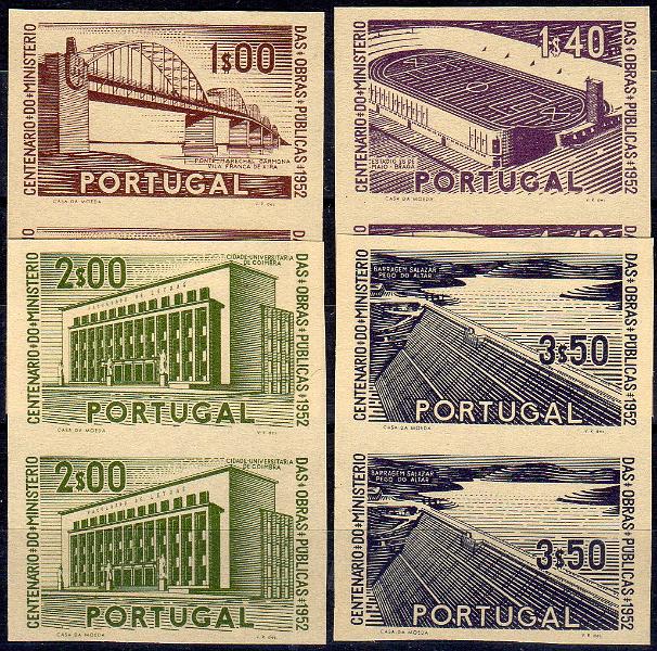 0841.jpg -     Lote:    841                   Descrição:         1952 &mdash; 1.º Centenário do Ministério das Obras Públicas. CE755/758. Série completa em pares verticais de provas de cor, não denteadas em papel amarelado, nas cores finais. MB e MR.        PRV       Valor Base:     &euro; 75,00     Valor Venda:     &euro;      