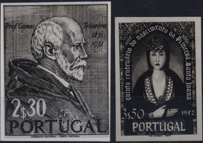 0842.jpg -     Lote:    842                   Descrição:         1952/53 &mdash; Centenário de Gomes Teixeira + Centenário de Santa Joana. Provas fotográficas a preto e branco dos selos de 2$30 CE754 e 3$50 CE785.        PRV       Valor Base:     &euro; 10,00     Valor Venda:     &euro;      