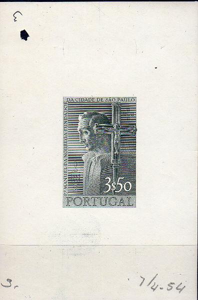 0845.jpg -     Lote:    845                   Descrição:         1954 &mdash; 4.º Centenário da Fundação da Cidade de S. Paulo. CE804, 3$50. Prova de artista em papel porcelana, não denteada em cinzento esverdeado (cor aprovada) com inscrições marginais manuscritas 7/4-54. B e MR.        PRV       Valor Base:     &euro; 20,00     Valor Venda:     &euro;      