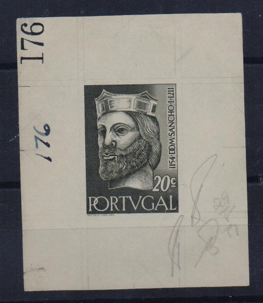 0846.jpg -     Lote:    846                   Descrição:         1955 &mdash; Reis de Portugal da 1.ª Dinastia. CE807, 20c. Prova de cunho a preto, com largas margens, não denteado em papel liso, numerada (176).        PRV       Valor Base:     &euro; 20,00     Valor Venda:     &euro;      
