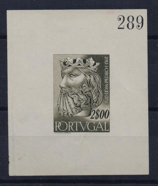 0849.jpg -     Lote:    849                   Descrição:         1955 &mdash; Reis de Portugal da 1.ª Dinastia. CE813, 2$00. Prova de cunho a verde-oliva, com largas margens, não denteado em papel liso, numerada (289).        PRV       Valor Base:     &euro; 20,00     Valor Venda:     &euro;      