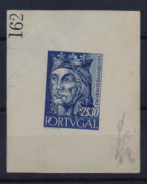 0850.jpg -     Lote:    850                   Descrição:         1955 &mdash; Reis de Portugal da 1.ª Dinastia. CE814, 2$30. Prova de cunho a azul, com largas margens, não denteado em papel liso, numerada (162).        PRV       Valor Base:     &euro; 20,00     Valor Venda:     &euro;      