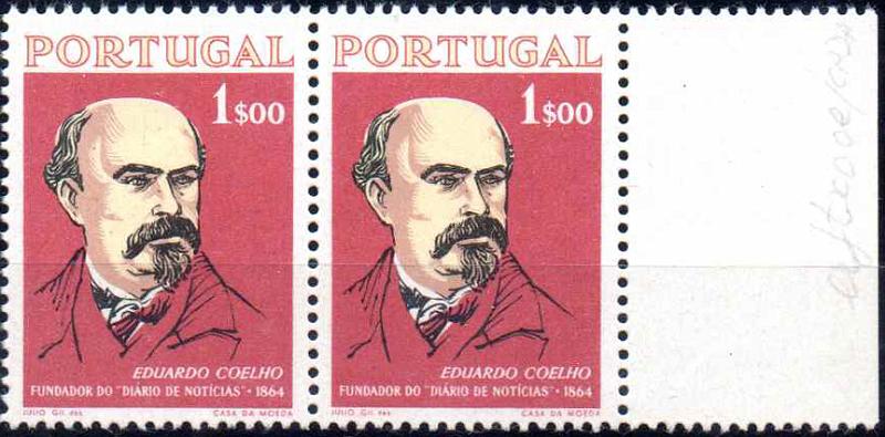 0861.jpg -     Lote:    861                   Descrição:         1964 &mdash; Centenário do Diário de Notícias. CE 943, 1$00. Par de provas de cor em vermelho, bordo de folha. B e R.        PRV       Valor Base:     &euro; 15,00     Valor Venda:     &euro;      
