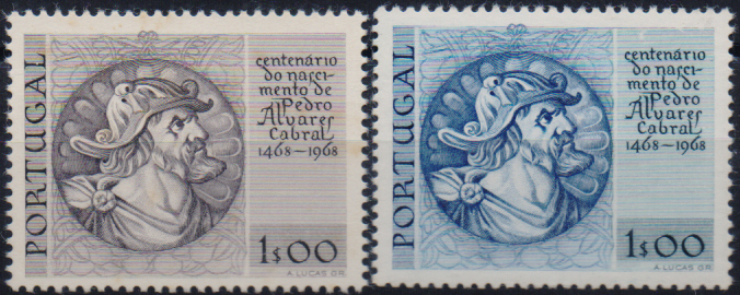 0863.jpg -     Lote:    863                   Descrição:         1969 &mdash; 5.º Centenário do Nascimento de Pedro Alvares Cabral. CE1038,1$00. Prova de cor em ardósia. Acompanha selo original para comparação.        PRV       Valor Base:     &euro; 8,00     Valor Venda:     &euro;      