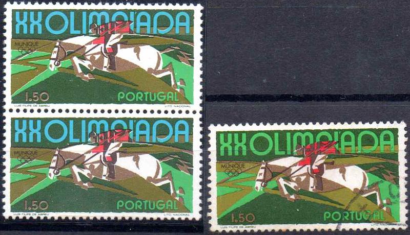 0864.jpg -     Lote:    864                   Descrição:         1972 &mdash; Jogos Olímpicos de Munique, CE1160,1$50. Par vertical de provas com a legenda XX OLIMPIADAS em azul em vez de verde. Acompanha selo normal para comparação.        PRV       Valor Base:     &euro; 15,00     Valor Venda:     &euro;      