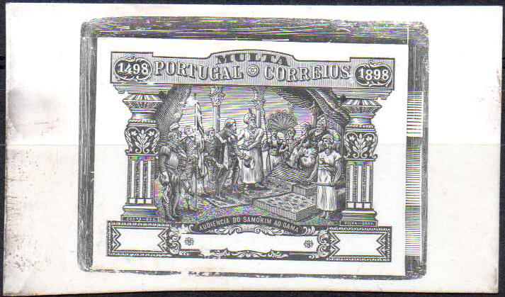 0865.jpg -     Lote:    865                   Descrição:         1898 &mdash; Porteado. IV Centenário do Descobrimento do Caminho Marítimo para a Índia. Prova de cunho em preto, sobre cartão calandrado, sem abertura do valor e da legenda. MB e MR.        PRV       Valor Base:     &euro; 150,00     Valor Venda:     &euro;      