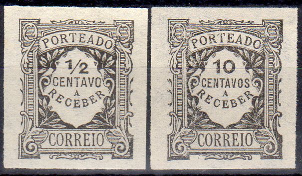 0868.jpg -     Lote:    868                   Descrição:         1922/27 &mdash; Porteado. Emissão regular. Unicolor. Lote de duas provas não denteadas, em preto, papel liso nos valores de &frac12; C e 10C.        PRV       Valor Base:     &euro; 8,00     Valor Venda:     &euro;      