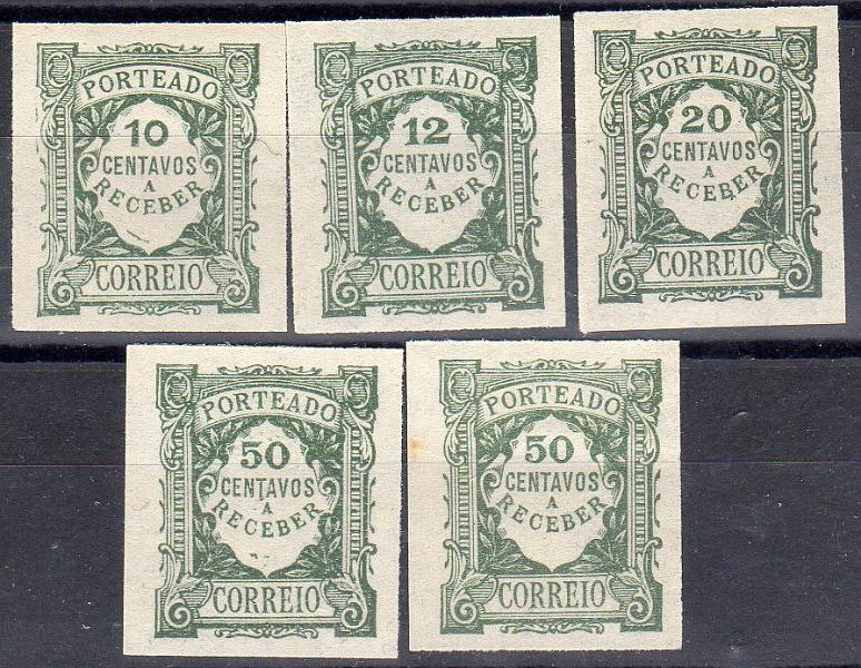 0869.jpg -     Lote:    869                   Descrição:         1922/27 &mdash; Porteado. Emissão regular. Unicolor. Lote com 5 provas não denteadas na cor final, dos valores de 10, 12, 20 e 2x50C, CE POR31, 32. 34 e 40.        PRV       Valor Base:     &euro; 12,00     Valor Venda:     &euro;      