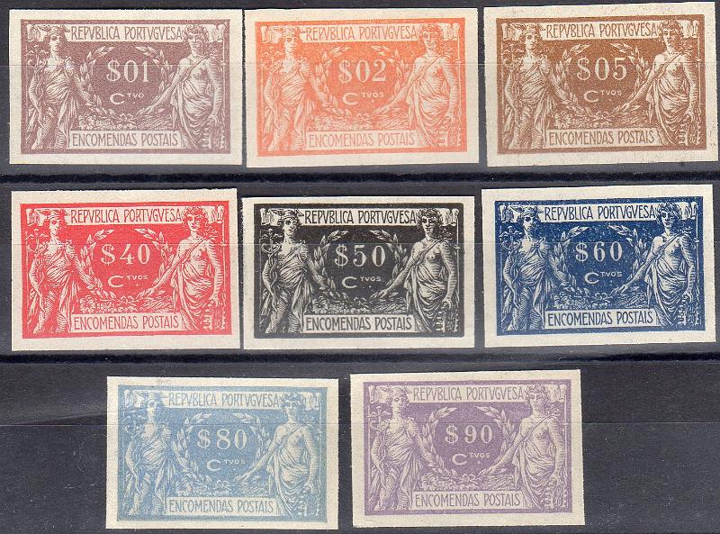 0870.jpg -     Lote:    870                   Descrição:         1920/22 &mdash; Encomendas Postais. Comércio e Indústria. Lote com 8 provas de cor não denteadas, em papel liso, nas cores aprovadas de $01 castanho, $02 laranja, $05 sépia, $40 carmim, $50 preto, $60 azul, $80 ultramar e $90 violeta.        PRV       Valor Base:     &euro; 25,00     Valor Venda:     &euro;      