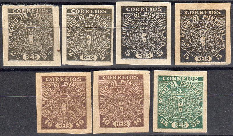 0873.jpg -     Lote:    873                   Descrição:         1919 &mdash; Monarquia do Norte. Escudo Nacional Monárquico. Não emitidos. Lote composto por duas provas de 2 &frac12; reis + duas provas de 5 reis + duas provas de 10 reis + prova de 35 reis. Todas não denteadas, com variedades de papel. Lote a ver.        PRV       Valor Base:     &euro; 20,00     Valor Venda:     &euro;      