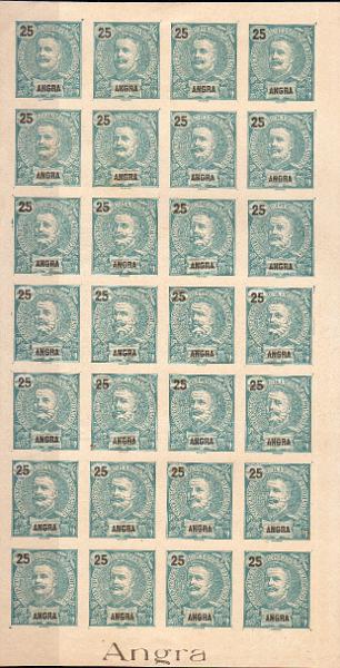 0881.jpg -     Lote:    881                   Descrição:         1897 &mdash; D. Carlos I Mouchon. CE18, 25 reis verde sobre papel amarelado. Folha completa com 28 provas não denteadas. MB e MR.        PRV       Valor Base:     &euro; 100,00     Valor Venda:     &euro;      