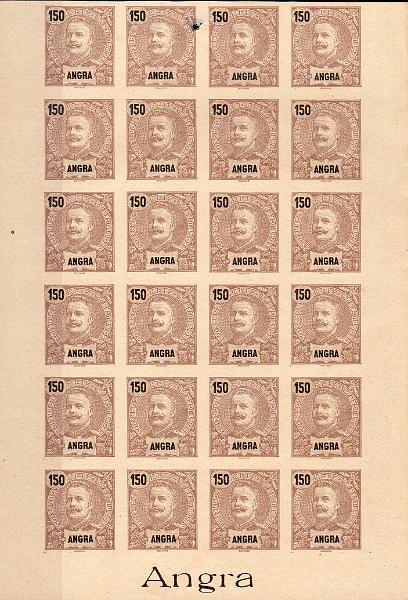 0882.jpg -     Lote:    882                   Descrição:         1897 &mdash; D. Carlos I Mouchon. CE23, 150 reis castanho sobre papel amarelado. Bloco com 24 provas não denteadas na cor final. MB e MR.        PRV       Valor Base:     &euro; 120,00     Valor Venda:     &euro;      