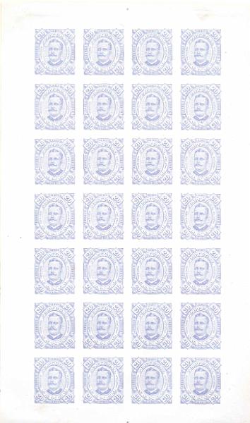 0885.jpg -     Lote:    885                   Descrição:         1894 &mdash; D. Carlos I, tipo Diogo Neto. CE5, 20 reis violeta azul. Folha completa com 28 provas na cor aprovada, não denteadas, em papel porcelana. MB e MR.        PRV       Valor Base:     &euro; 350,00     Valor Venda:     &euro;      