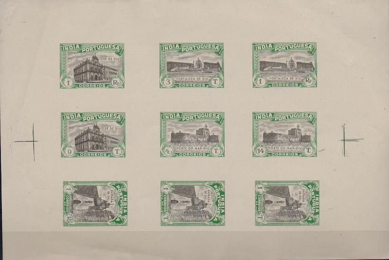 0896.jpg -     Lote:    896                   Descrição:         1948 &mdash; Emissão Projetada. Monumentos da Índia. Bloco com 9 provas não denteadas com as taxas de 1r, 3T, 1Rp, 9T, 4,5T, 14T, 1R, 1Tx2, representando a Fortaleza de Diu, Forte do Mar &mdash; Diu, Entrada de Diu e Sé de Diu, nas cores verde e preto. B e MR.        PRV       Valor Base:     &euro; 75,00     Valor Venda:     &euro;      